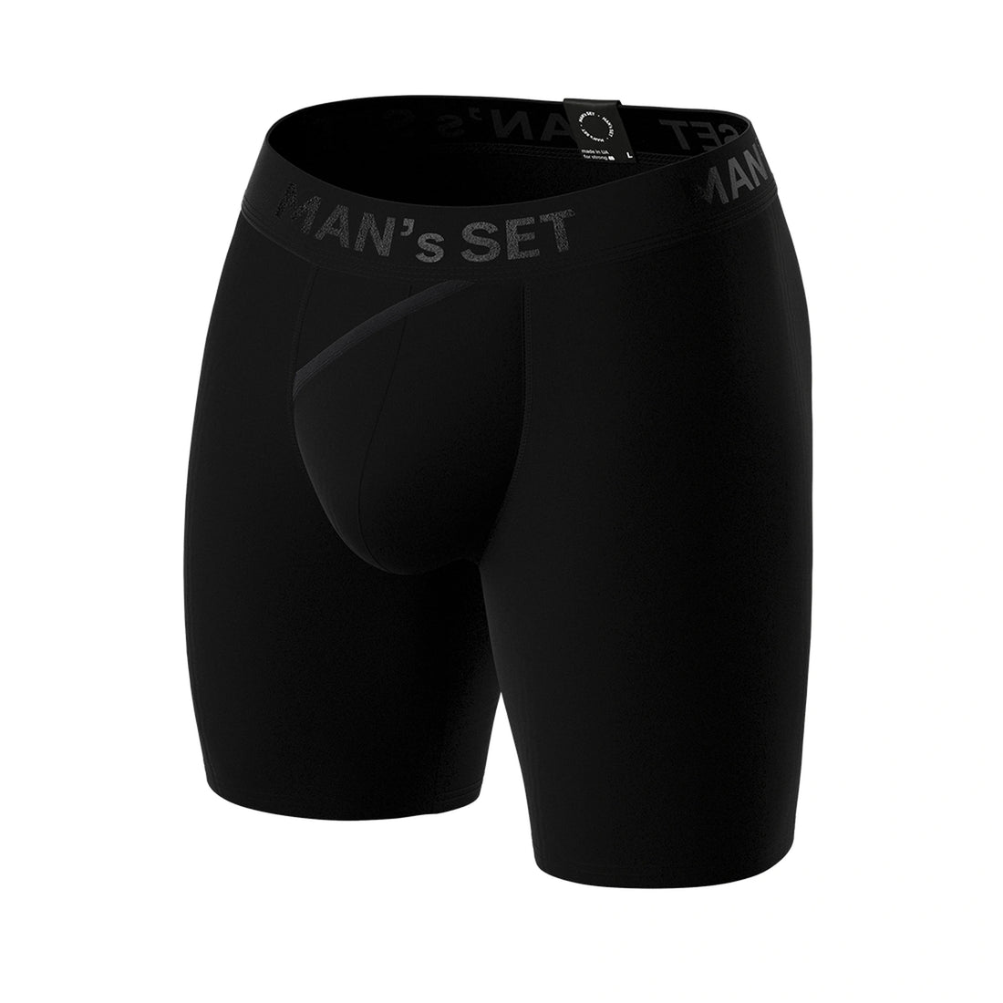 Man’s SET black micromodal boxer briefs, breathable CoolCore men’s underwear with open fly, angled front view