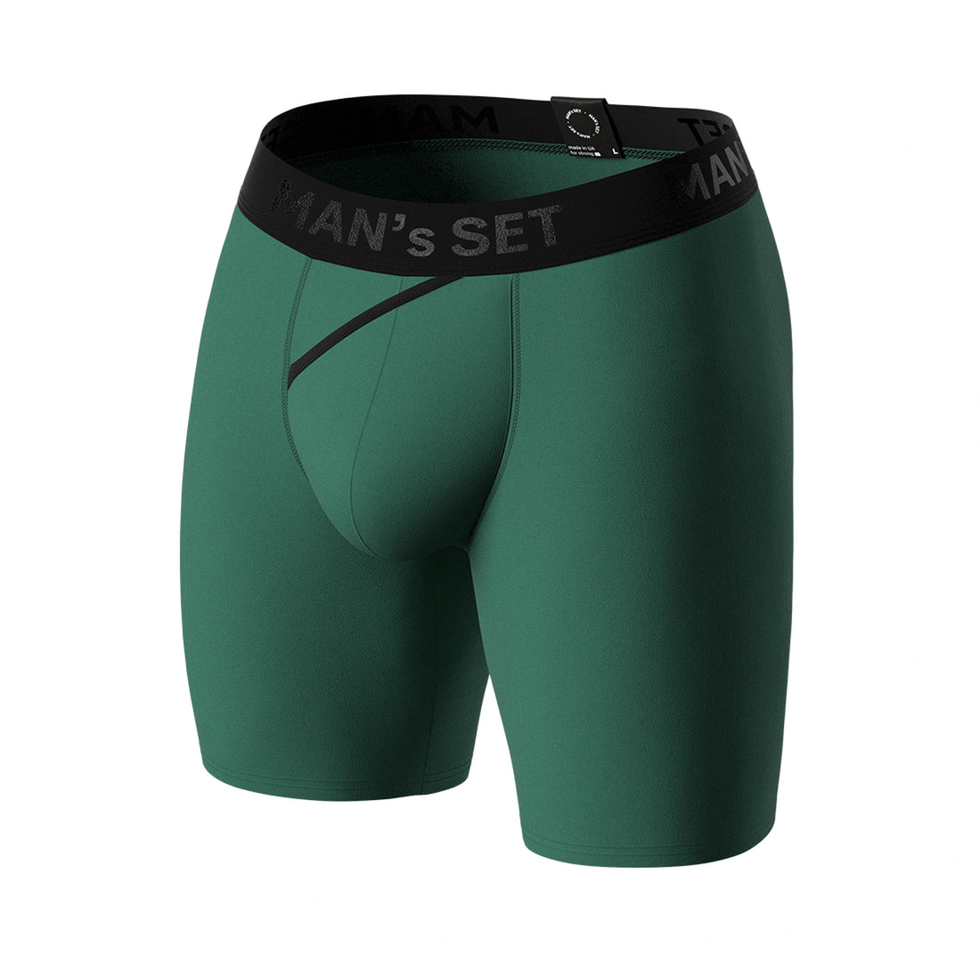 CoolCore micromodal forest green boxer briefs by Man’s SET, breathable men’s underwear with open fly, front view