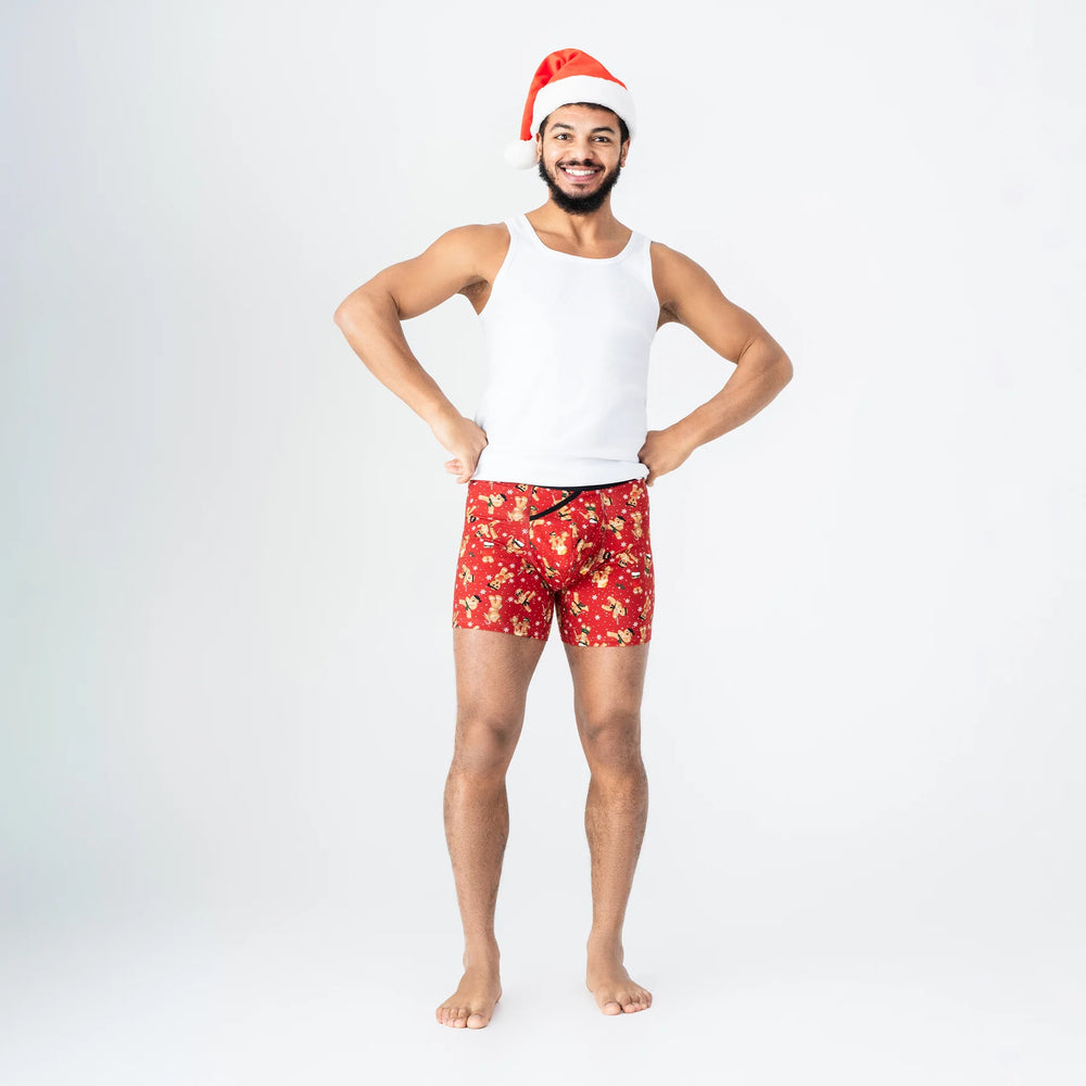 Comfortable men’s underwear by Man’s SET, UltraSoft Gingerman boxer briefs in red holiday print, front view