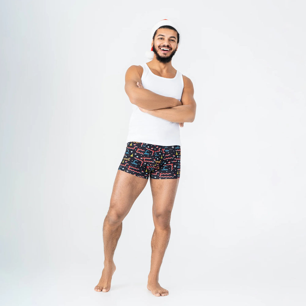 Comfortable men’s underwear by Man’s SET, PowerStretch trunk 3.9" in black snake print, festive front view