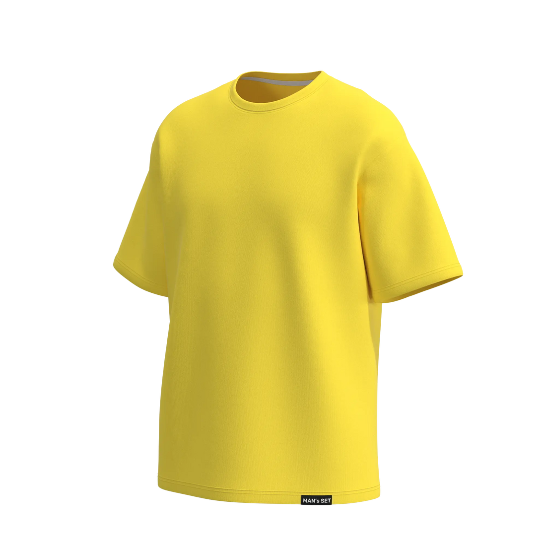 Man’s SET yellow oversized T-shirt, men’s soft cotton style with wide sleeves, angled front view