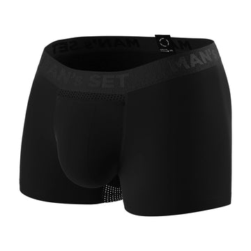 Man’s SET black anatomical men’s boxer briefs with fly, lightweight breathable plus-size design, angled view