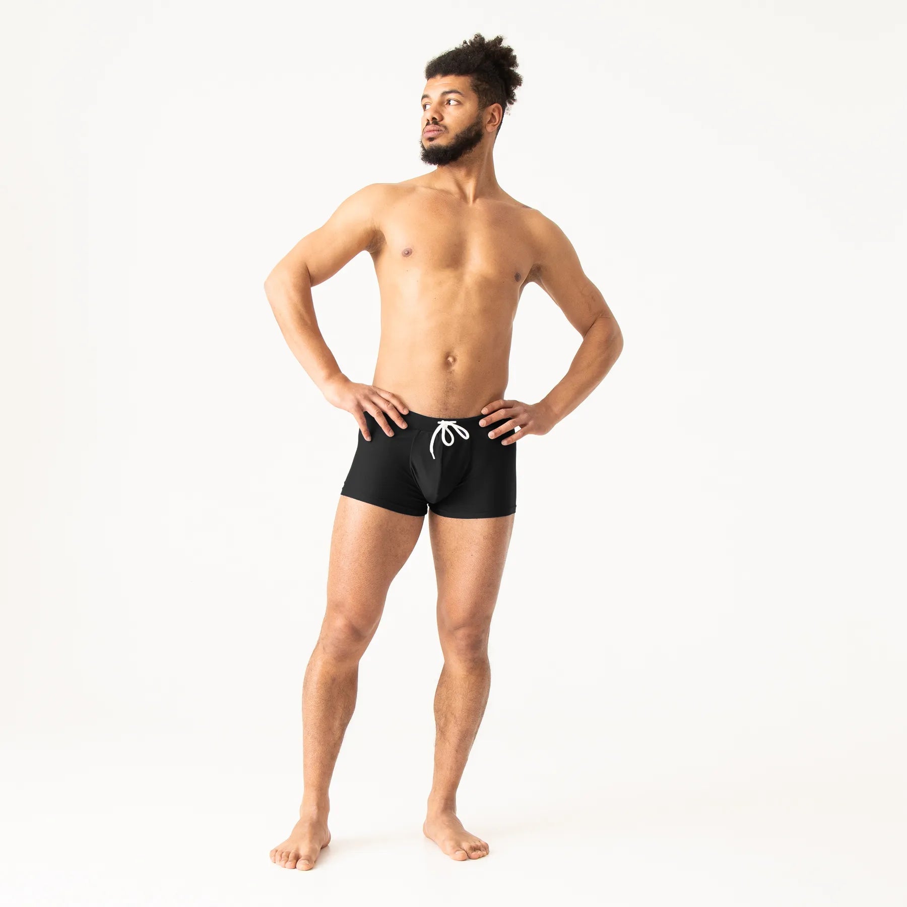 Man’s SET black men’s swim trunks, adjustable drawstring waist, full body front view