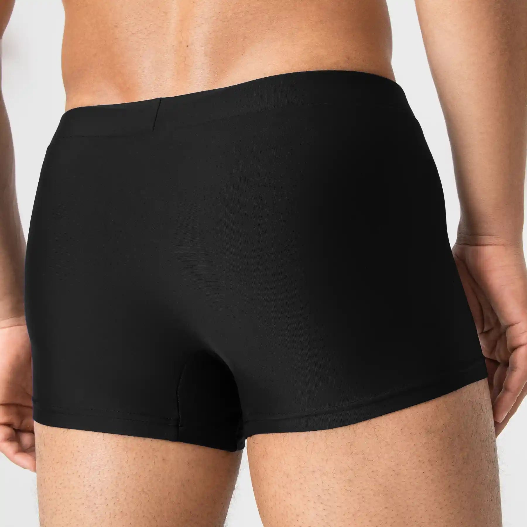 Man’s SET black men’s swimming trunks, sleek quick-dry fabric, back view