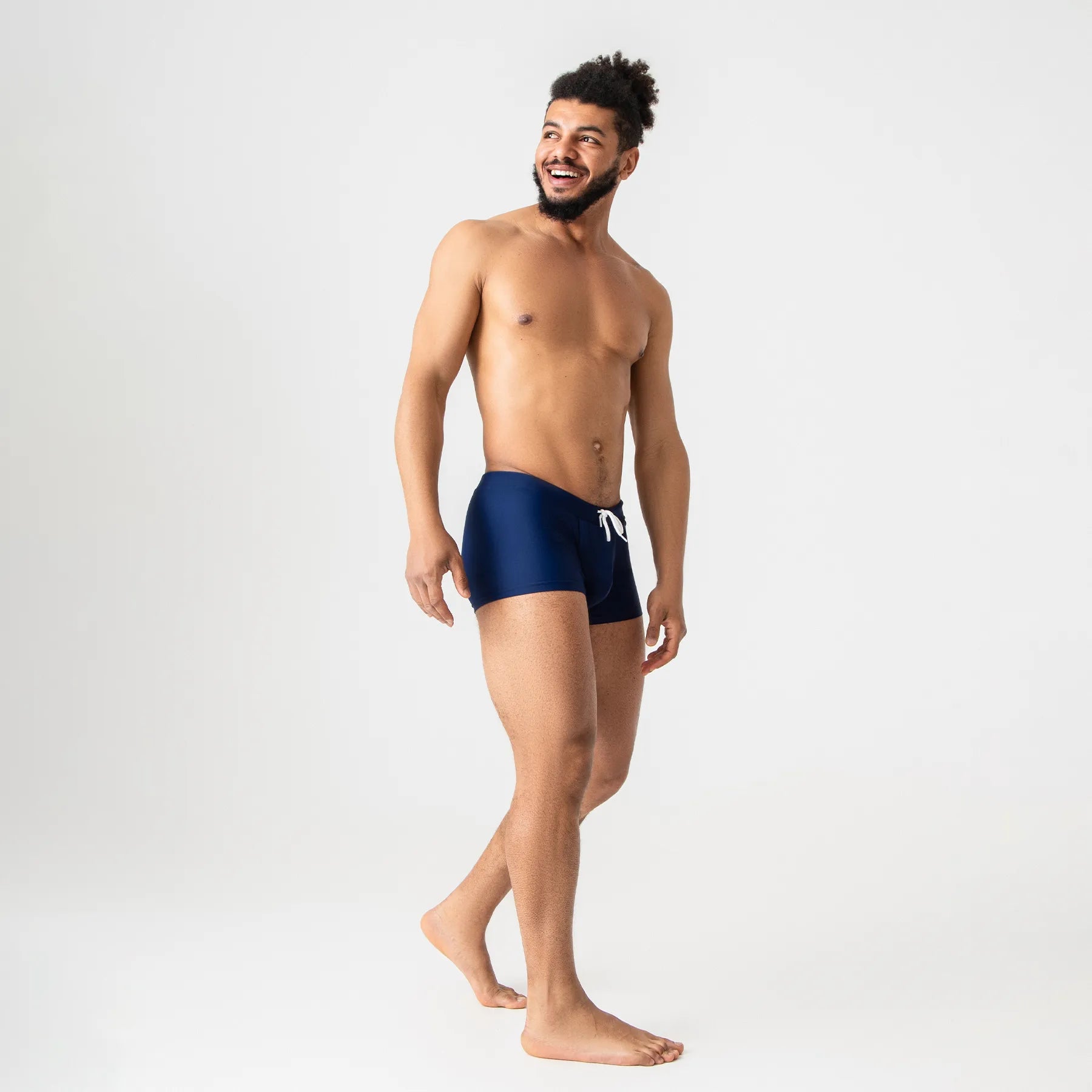 Comfortable navy anatomical men’s swim trunks by Man’s SET, side view