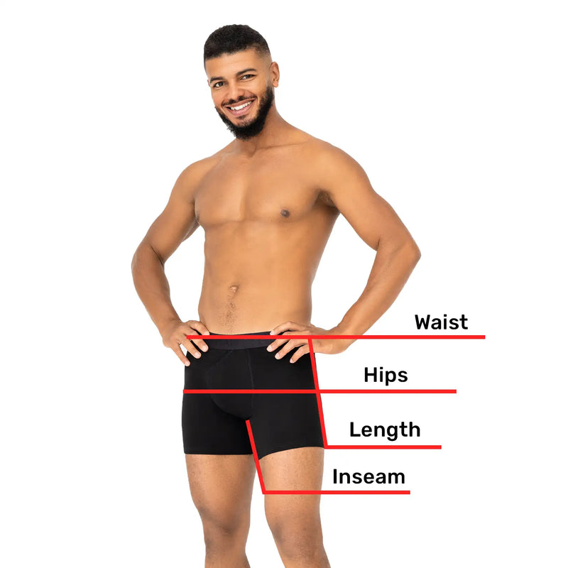Man’s SET Long underwear size guide showing waist, hips, length, and inseam measurements