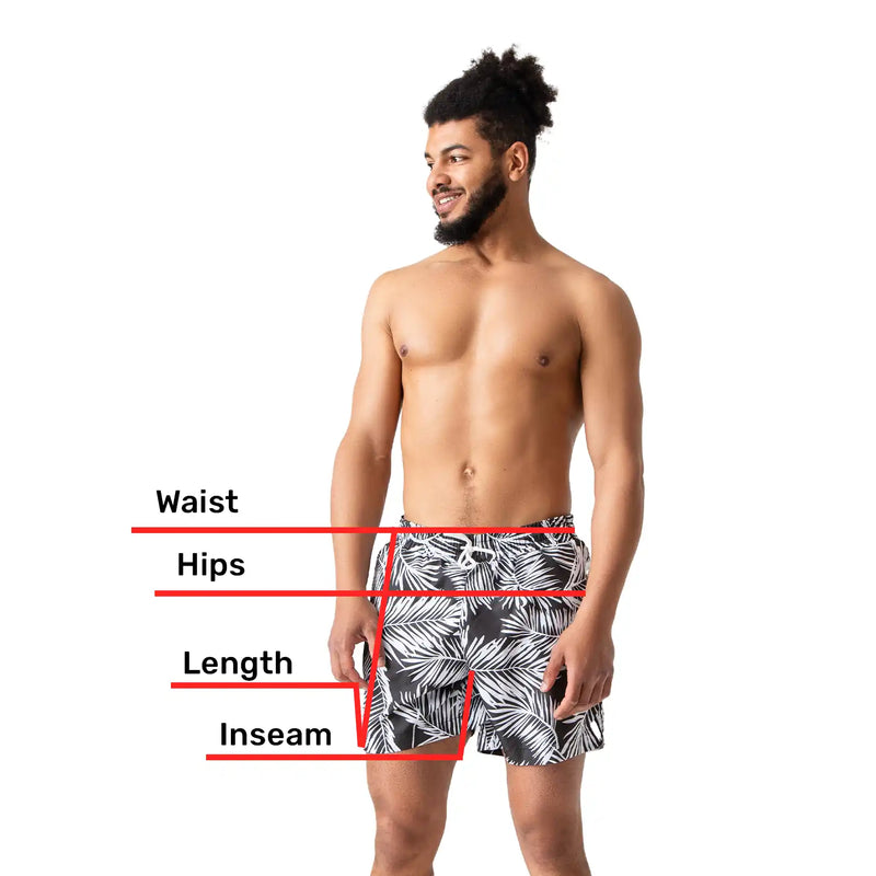 Man’s SET Shorts size guide showing waist, hips, length, and inseam measurements