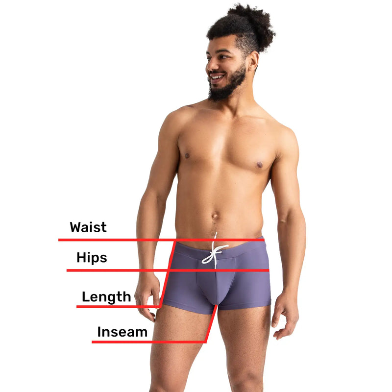 Man’s SET Intimate underwear size guide showing waist, hips, length, and inseam measurements