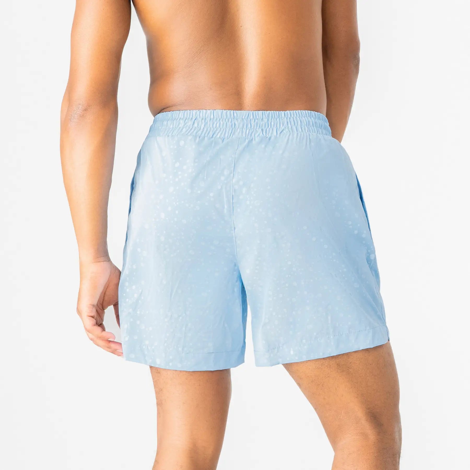 Man’s SET light blue swim shorts with water drop print, breathable anatomic swimwear, back view