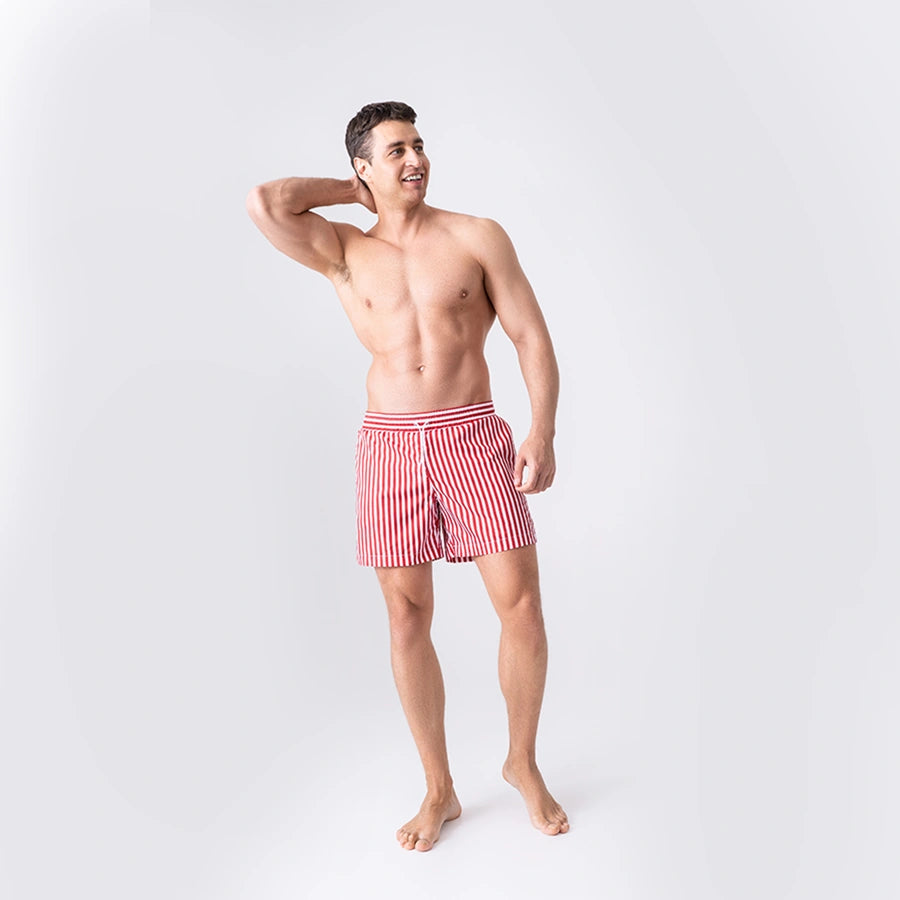 Man’s SET Anatomic Shorts 2.0 in Red Lines print, striped men’s swimwear with anatomical fit, front view