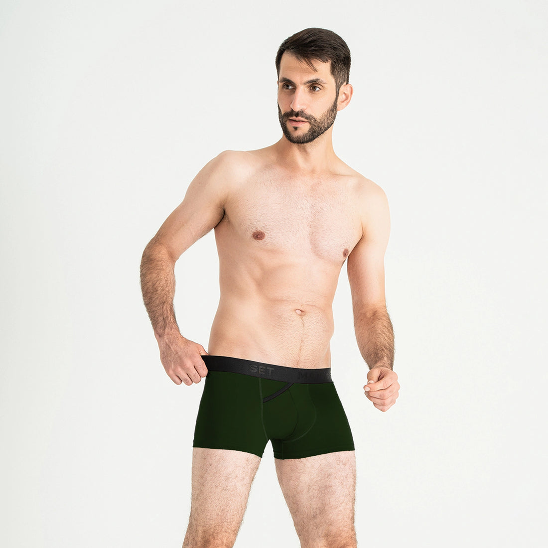 Man’s SET FlexFit Trunk 3.2" in forest green, anatomical men’s underwear with soft contour pouch, front angle view