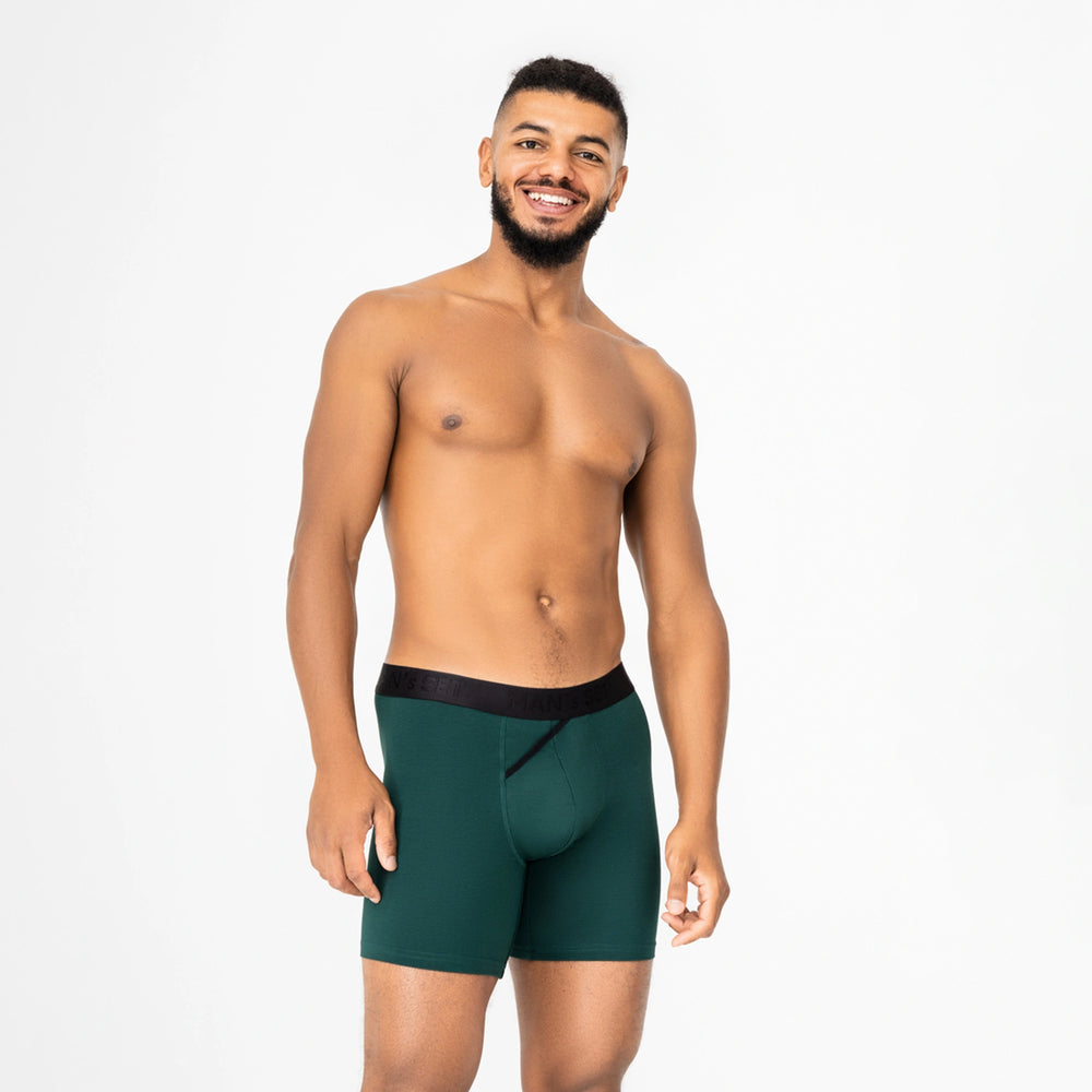 Comfortable men’s underwear by Man’s SET, forest green UltraSoft boxer briefs with open fly, front view