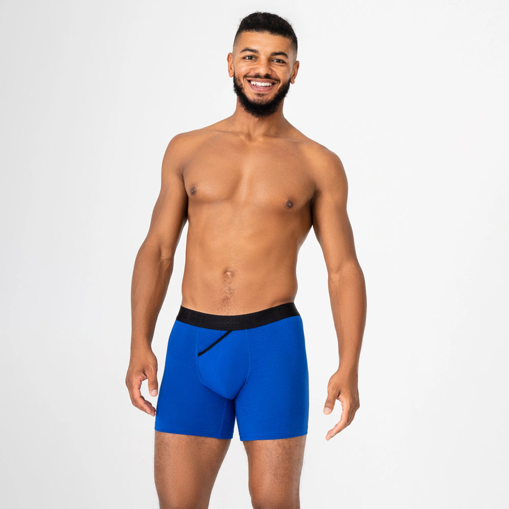 Comfortable men’s underwear by Man’s SET, electric blue boxer briefs with anatomical pouch, front view