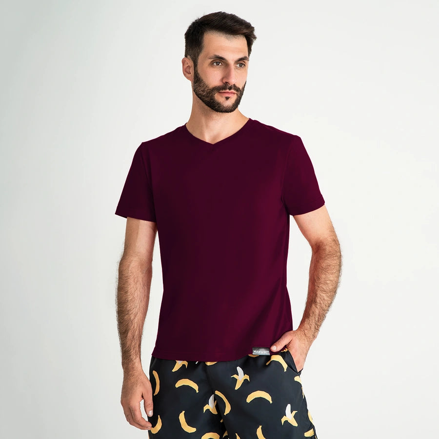 Man’s SET plum V-neck T-shirt, casual men’s clothing, front view