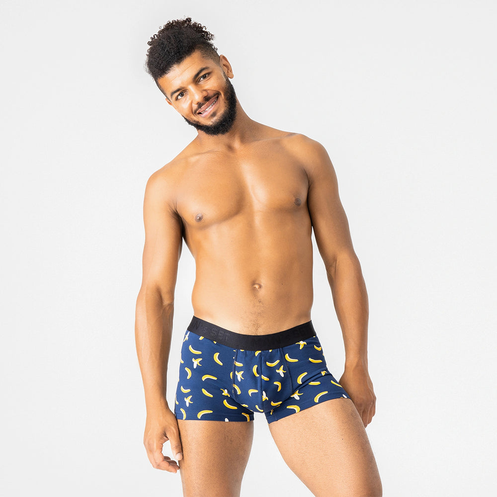 Comfortable men’s underwear by Man’s SET, navy banana-print PowerStretch Trunk 3.9", front view on model