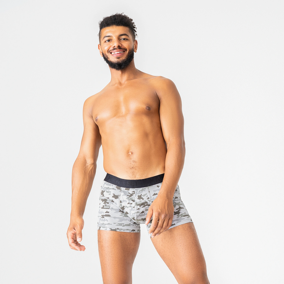 Man’s SET PowerStretch men’s trunk underwear in Pixel Camo print, breathable fabric with contour pouch, front angle view