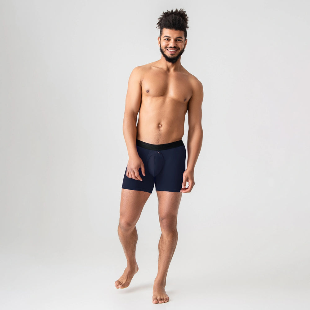 Man’s SET navy ProActive boxer briefs for men, 5.8" length with drawstring pouch, front view