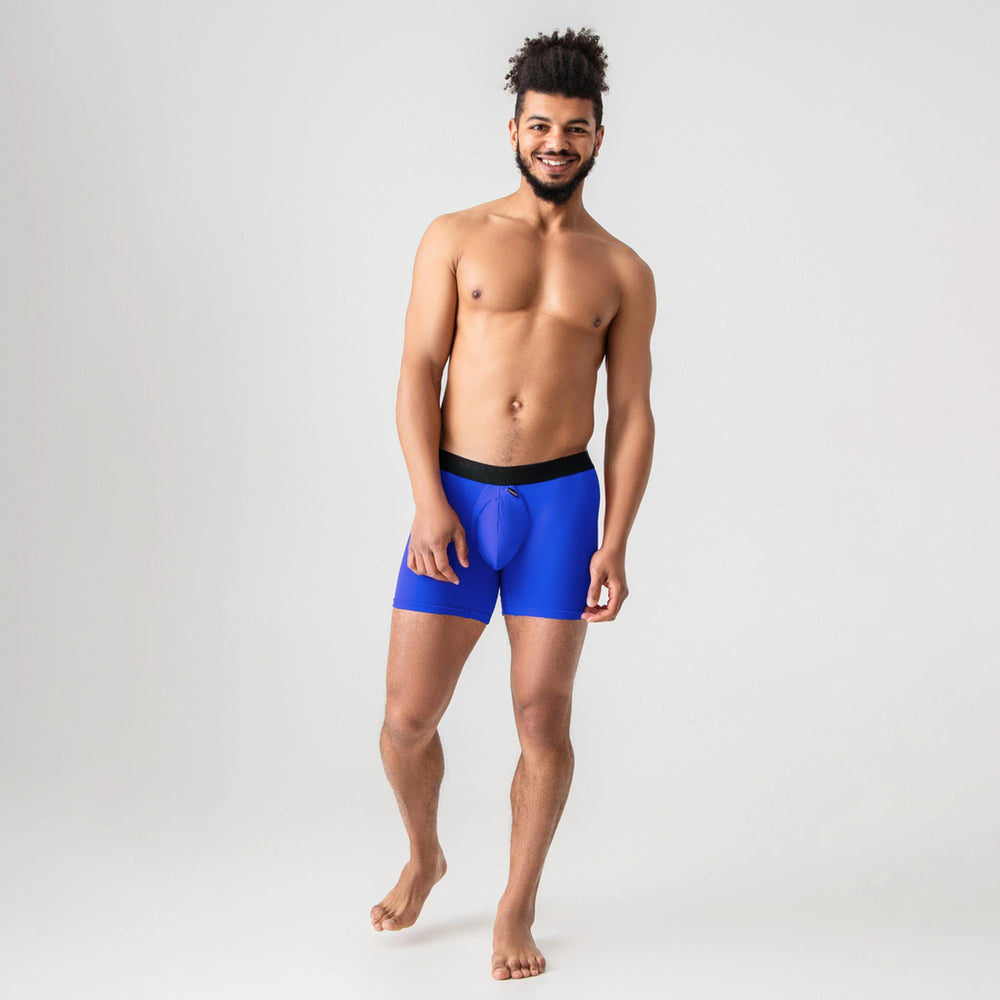 Electric blue ProActive Soft men’s boxer briefs by Man’s SET with drawstring pouch, front view