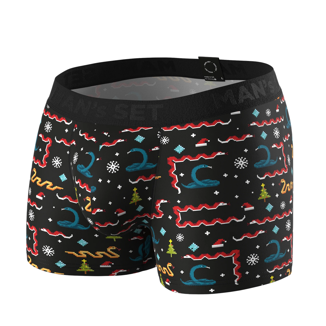 Man’s SET PowerStretch trunk 3.9" in festive black snake print, breathable and supportive men’s underwear, front view