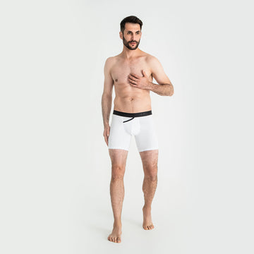 Comfortable men’s underwear by Man’s SET, white AirFlow boxer briefs with open fly, front view