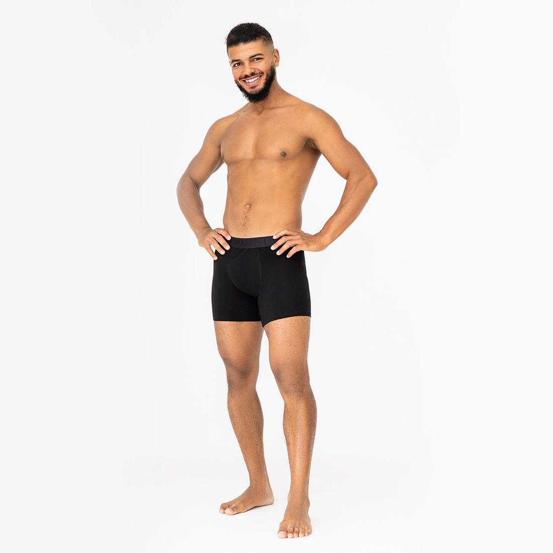 Man’s SET black micromodal boxer briefs, breathable CoolCore men’s underwear with open fly, angled front view