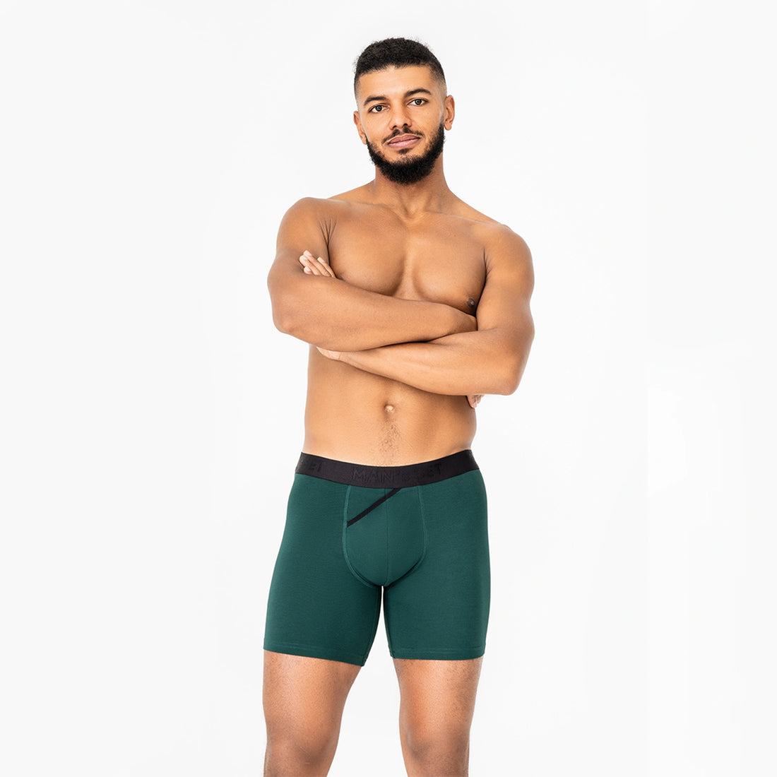 CoolCore micromodal forest green boxer briefs by Man’s SET, breathable men’s underwear with open fly, front view