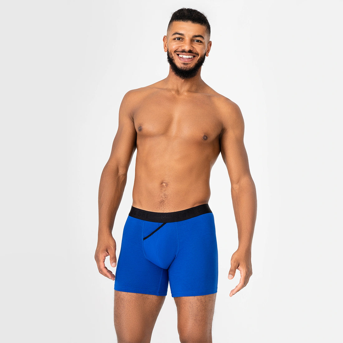 Man’s SET electric blue CoolCore micromodal boxer briefs, breathable men’s underwear, angled front view