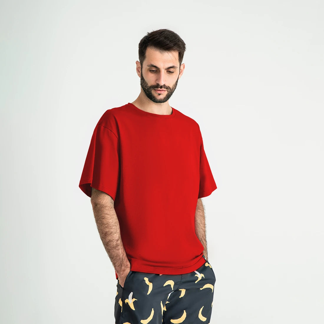 Man’s SET soft cotton oversized tee in bold red, breathable relaxed-fit men’s T-shirt, front angle view