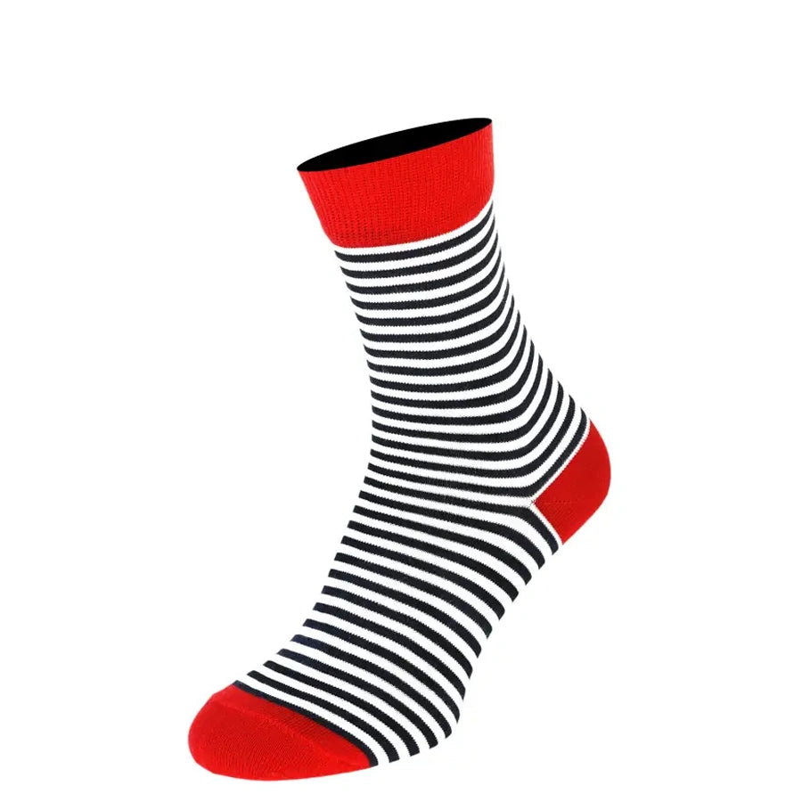 Black and white striped cotton socks by Man’s SET, classic crew style with red heel, toe, and cuff, side view