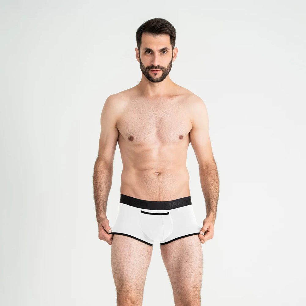 Man’s SET ProActive Stretch Trunk 3.2" OpenFly in white, anatomical men’s underwear with black trim, front model view