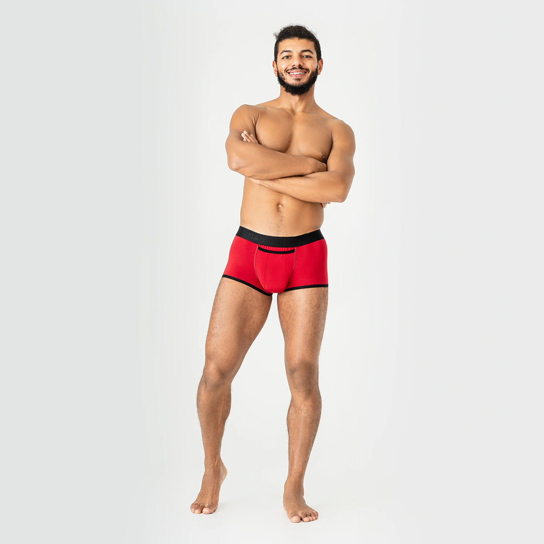 Man’s SET ProActive Stretch Trunk in red, 3.2" OpenFly anatomical men’s underwear with contour pouch, front angle view