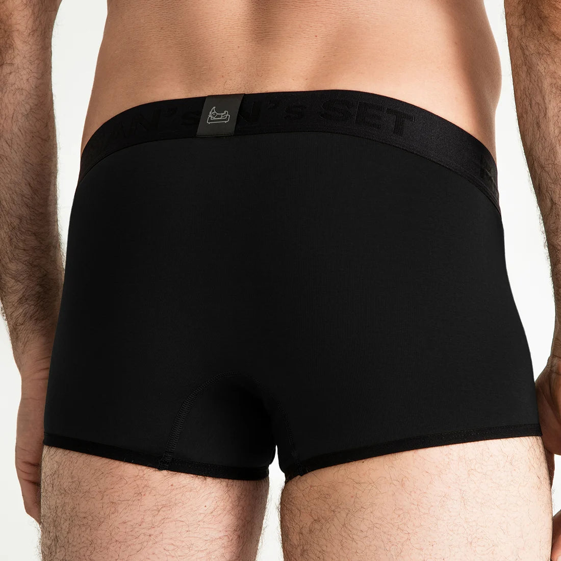 Man’s SET ProActive Stretch Trunk in black with 3.2" OpenFly, breathable men’s underwear with contoured fit, back view