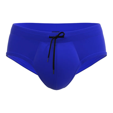 Man’s SET blue anatomical men’s swim briefs with drawstring and breathable mesh lining, front view