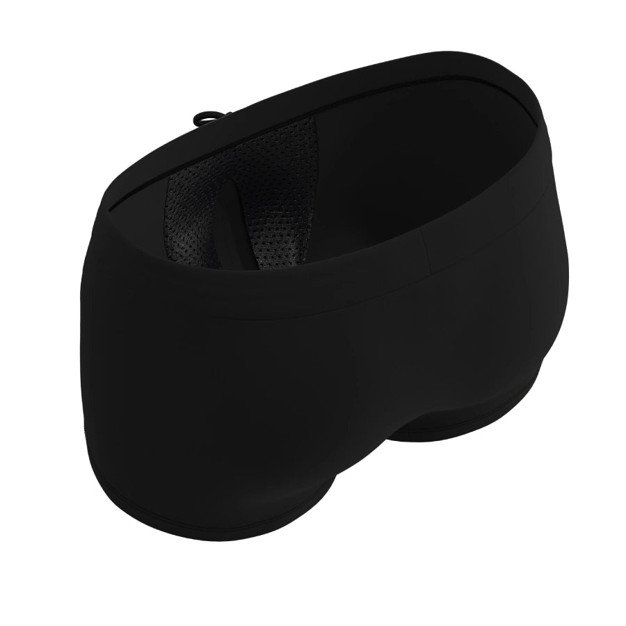 Man’s SET black anatomical men’s swim trunks with mesh-lined ball pouch, top-rear angle view