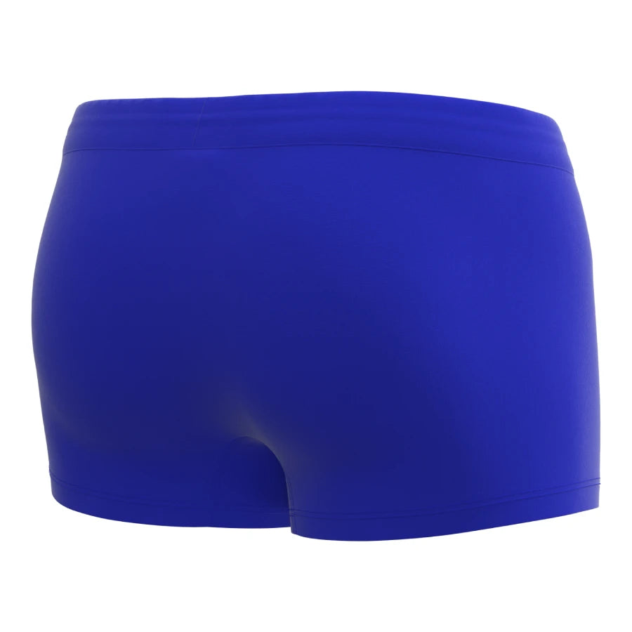 Blue men’s swim trunks by Man’s SET in smooth biflex fabric, seamless back design, rear view