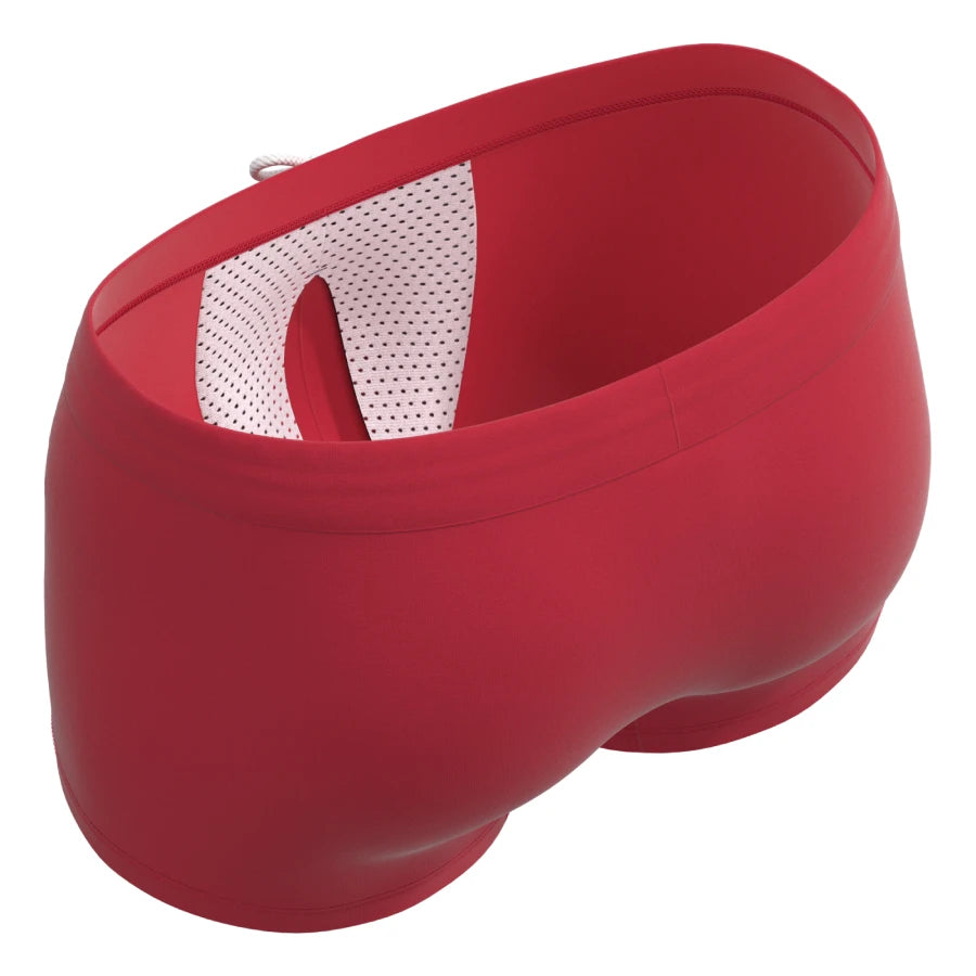 Man’s SET red swim trunks with breathable mesh anatomical pouch, rear angled view