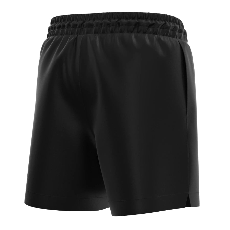 Black men’s anatomical swim shorts by Man’s SET with mid-length cut and side slit detail, back angle view