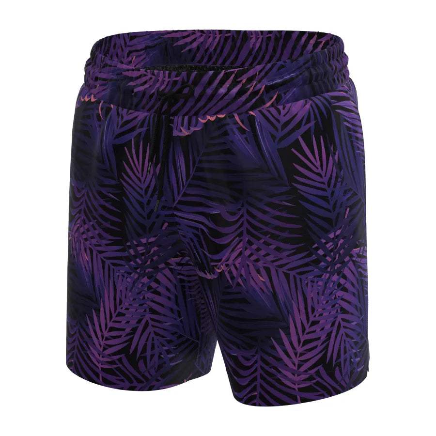 Man’s SET purple tropical print anatomical swim shorts for men, quick-dry comfort design, front view