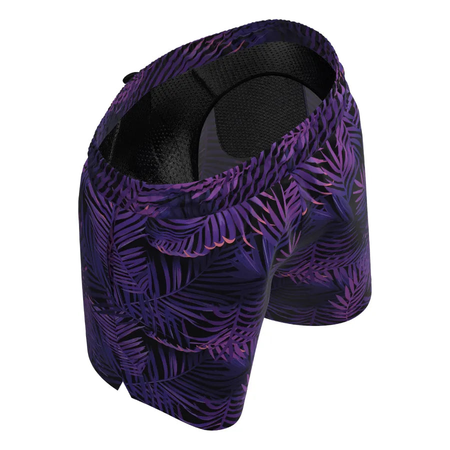 Man’s SET purple leaf print men’s swim shorts with mesh anatomical lining, breathable back view