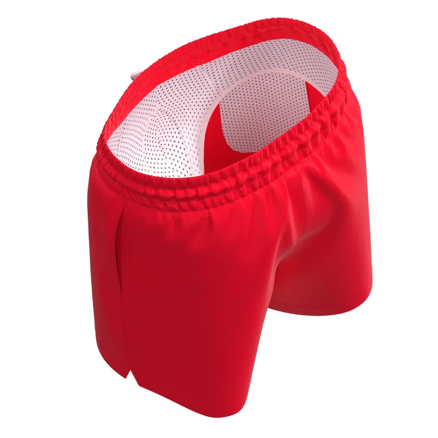Man’s SET red men’s swim shorts with integrated anatomical mesh briefs and elastic waistband, angled top view