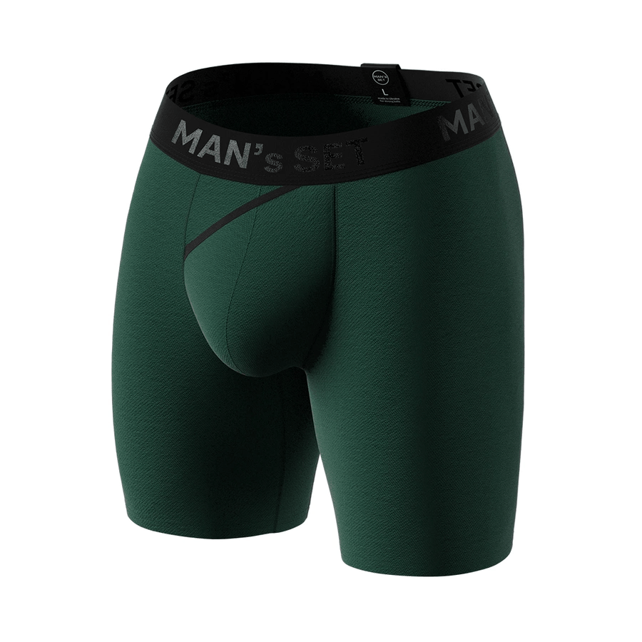 Man’s SET UltraSoft forest green boxer briefs, breathable anatomical men’s underwear with open fly, front angle view