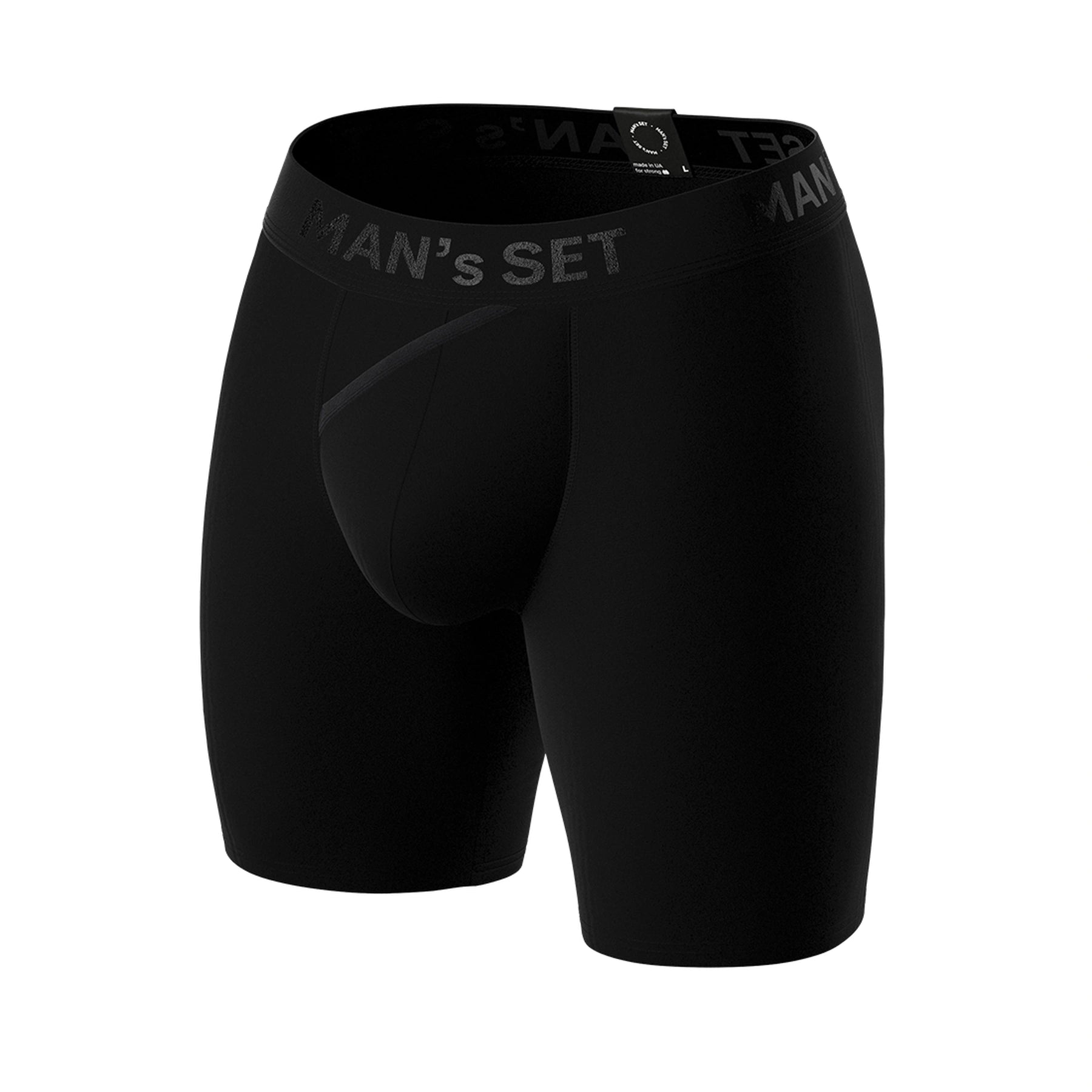 Man’s SET black micromodal boxer briefs, breathable CoolCore men’s underwear with open fly, angled front view