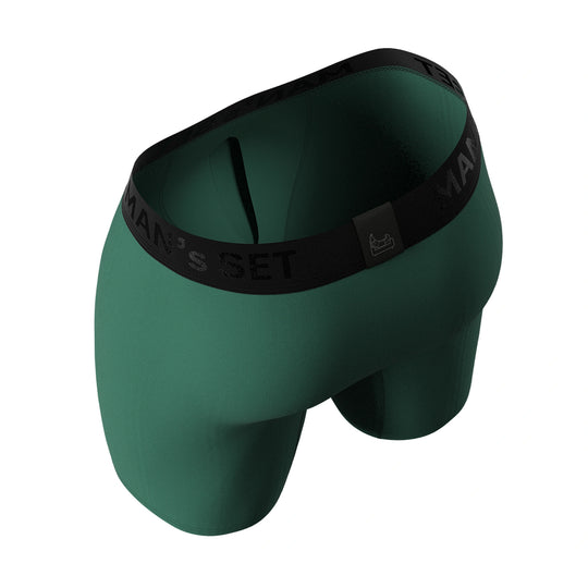 CoolCore micromodal men’s underwear by Man’s SET, forest green boxer briefs, angled back view