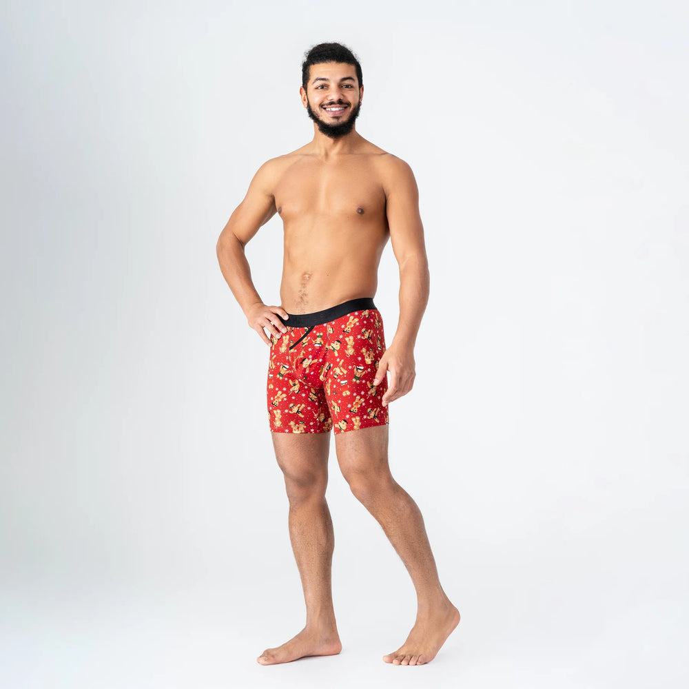 Man’s SET UltraSoft Gingerman boxer briefs, festive red men’s underwear with holiday print, front side view