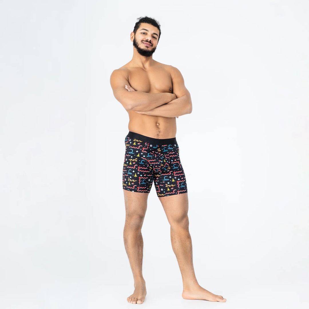 Man’s SET Snakes print boxer briefs in black, anatomical men’s underwear with holiday pattern, front view