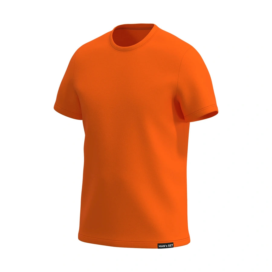 Man’s SET orange crew neck T-shirt, breathable cotton material with relaxed fit, side-front view