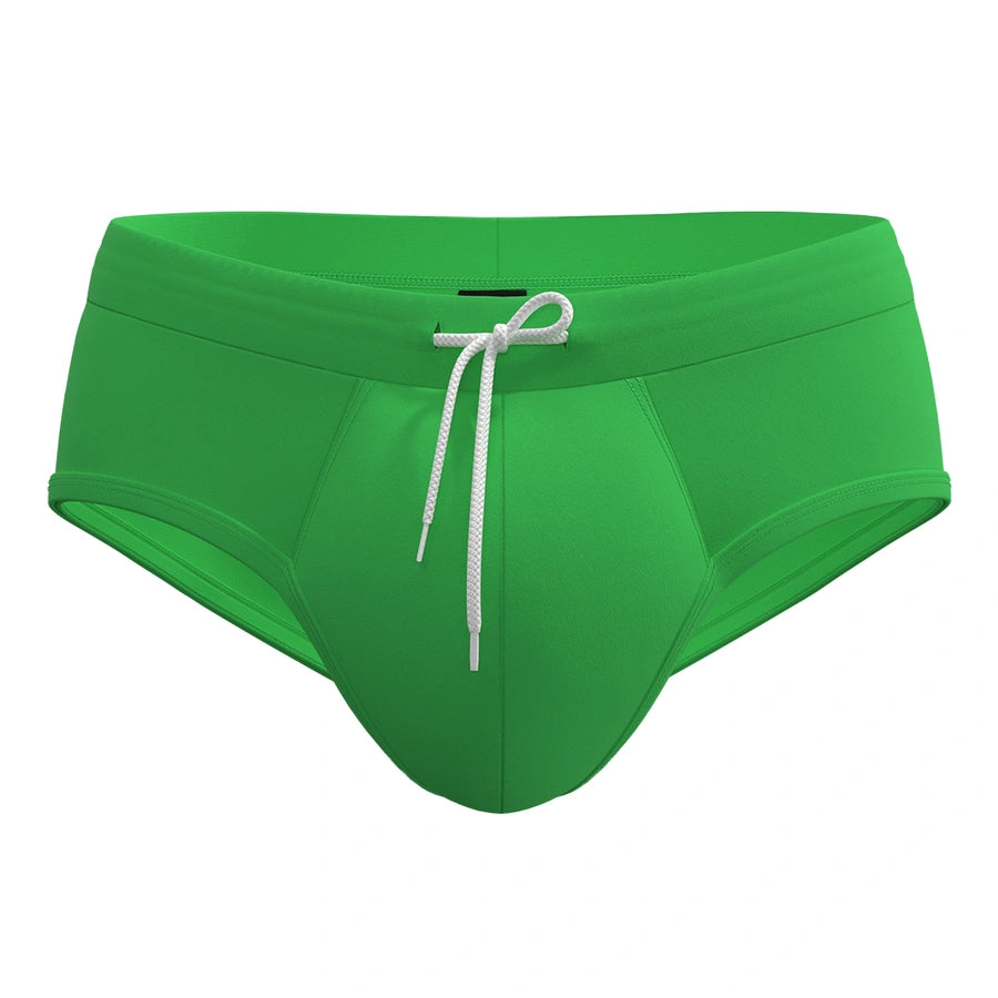 Green anatomical men’s swim briefs by Man’s SET with drawstring waist, front view