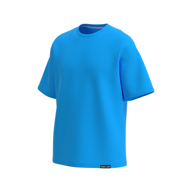 Man’s SET turquoise oversized T-shirt, relaxed fit men’s cotton top, angled front view