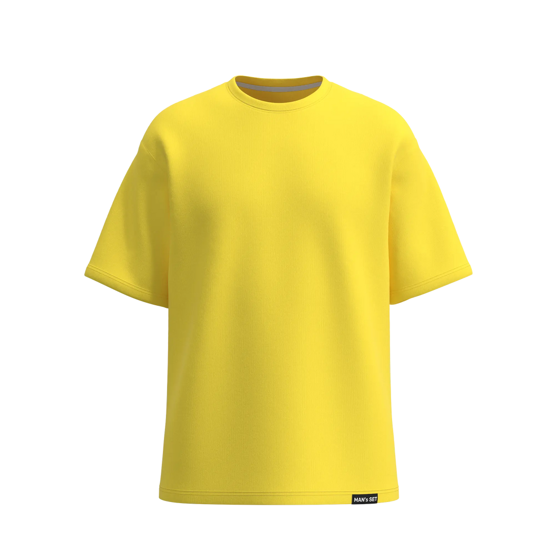 Man’s SET yellow oversized T-shirt, breathable cotton men’s style with wide sleeves, front view