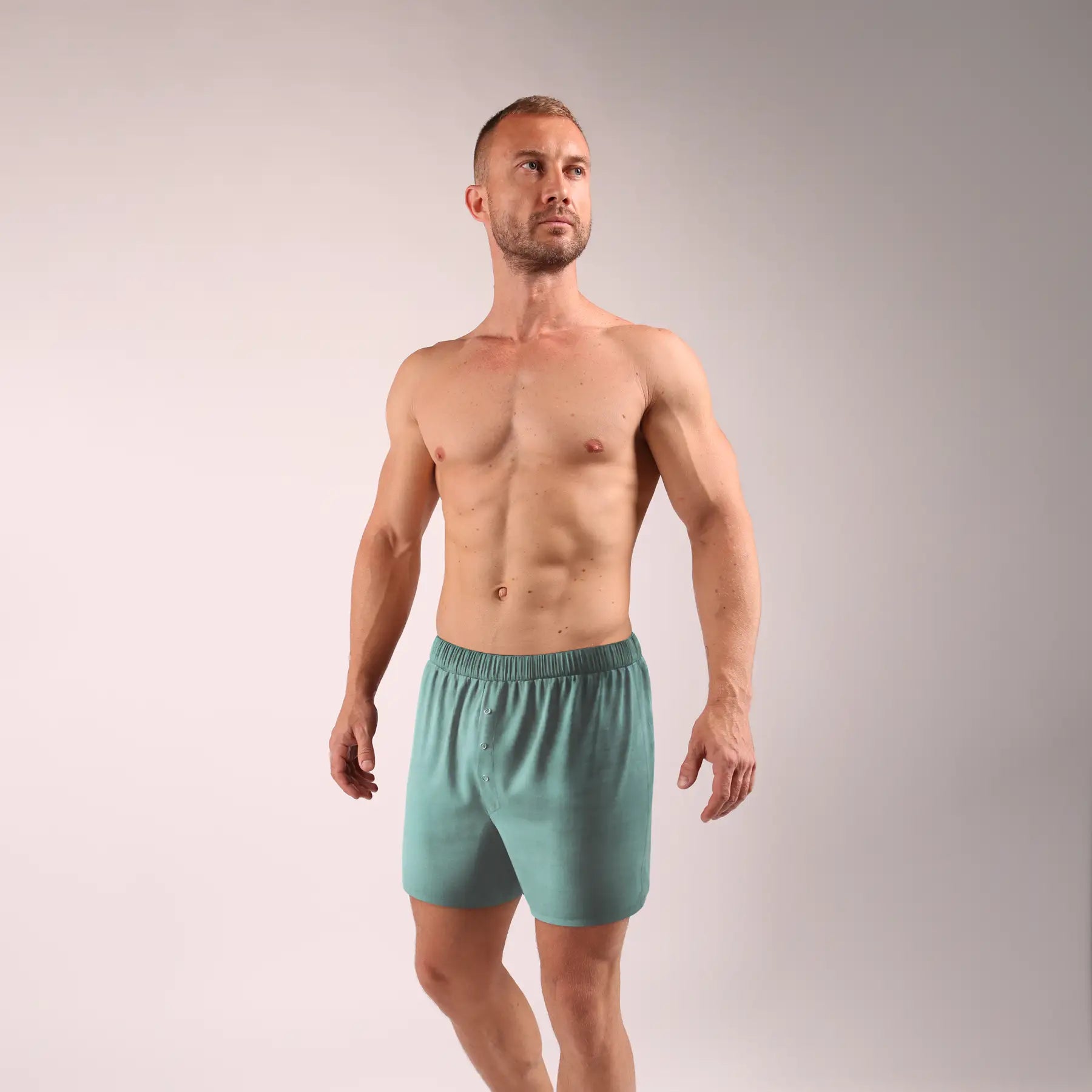 Comfortable men’s mint green loose fit boxers by Man’s SET, soft cotton underwear, front view
